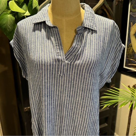 Altar’d state linen blend frayed edge shirt mini dress. Pockets & denim stripe - Picture 10 of 14